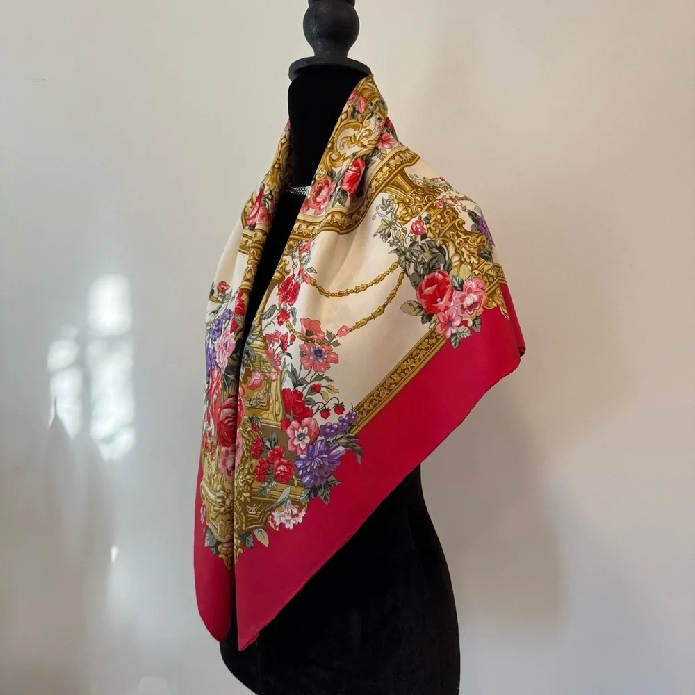 Trussardi Red and Gold Ornate Floral Scarf